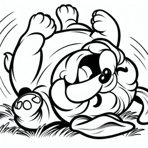 Coloring page of a Bulldog dog, playful friend rolling on the grass