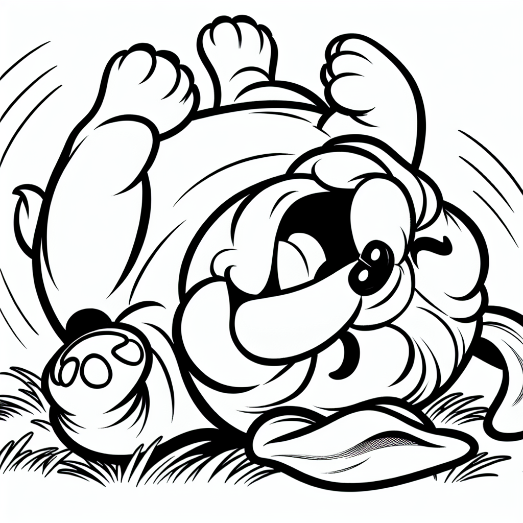 Coloring page of a Bulldog dog, playful friend rolling on the grass