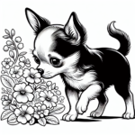 Coloring page of a Chihuahua dog, curious explorer sniffing flowers