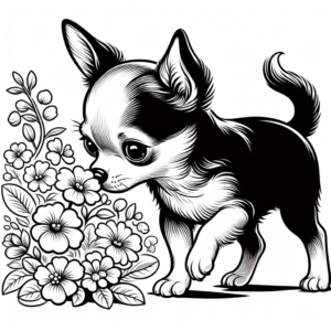 Coloring page of a Chihuahua dog, curious explorer sniffing flowers