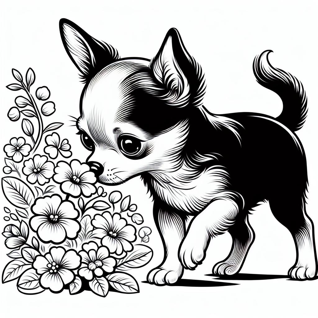 Coloring page of a Chihuahua dog, curious explorer sniffing flowers