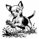 Coloring page of a Chihuahua dog, energetic pup playing with a ball