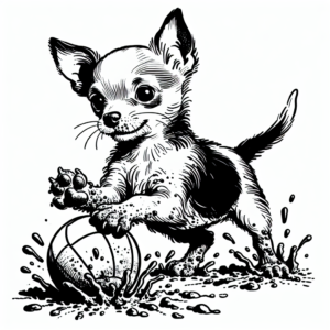 Coloring page of a Chihuahua dog, energetic pup playing with a ball