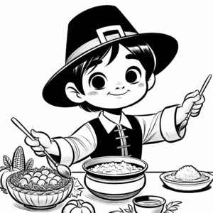 Coloring page of a child, harvest helper serving food