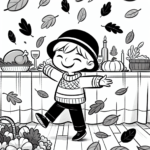 Coloring page of a child, thanksgiving dinner guest dancing in autumn leaves