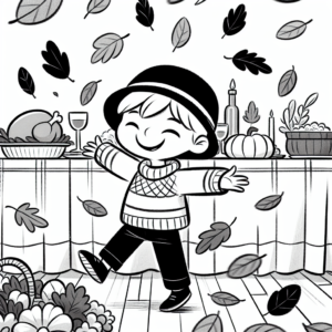 Coloring page of a child, thanksgiving dinner guest dancing in autumn leaves
