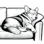 Coloring page of a Corgi dog, loyal companion sleeping on a couch