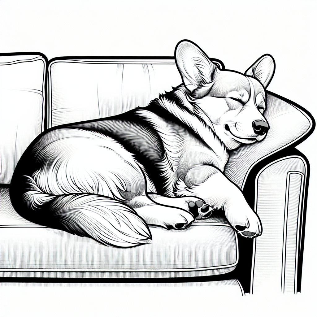 Coloring page of a Corgi dog, loyal companion sleeping on a couch