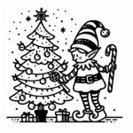 Coloring page of a elf, holiday helper decorating a tree