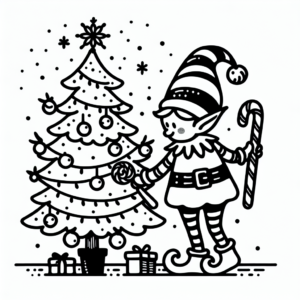 Coloring page of a elf, holiday helper decorating a tree