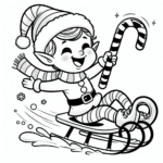Coloring page of a elf, sleigh rider sliding on ice