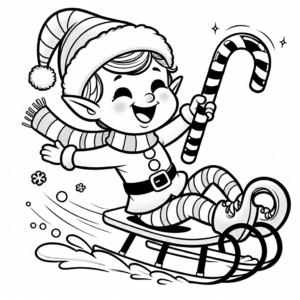 Coloring page of a elf, sleigh rider sliding on ice
