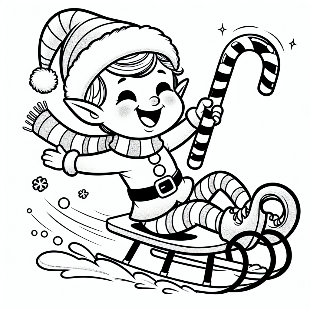 Coloring page of a elf, sleigh rider sliding on ice