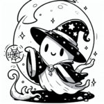 Coloring page of a friendly ghost, magical sorcerer dancing under the moon