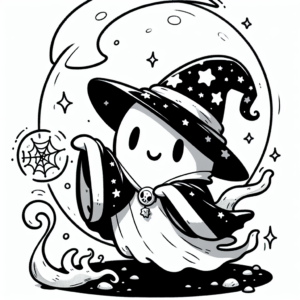 Coloring page of a friendly ghost, magical sorcerer dancing under the moon