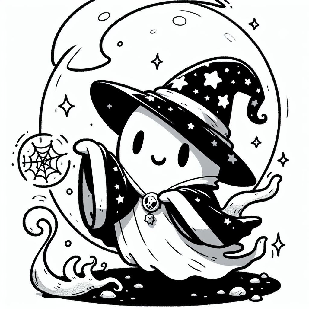 Coloring page of a friendly ghost, magical sorcerer dancing under the moon