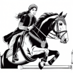Coloring page of a Friesian horse young woman on horseback, equestrian athlete jumping over a fence