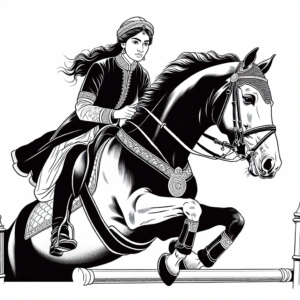 Coloring page of a Friesian horse young woman on horseback, equestrian athlete jumping over a fence