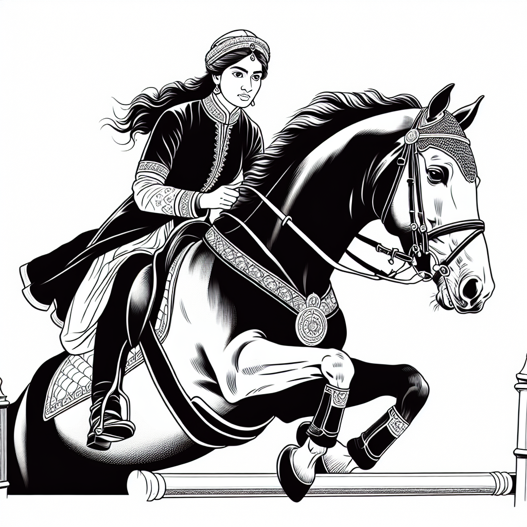 Coloring page of a Friesian horse young woman on horseback, equestrian athlete jumping over a fence