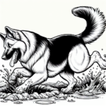 Coloring page of a German Shepherd dog, playful friend digging a hole