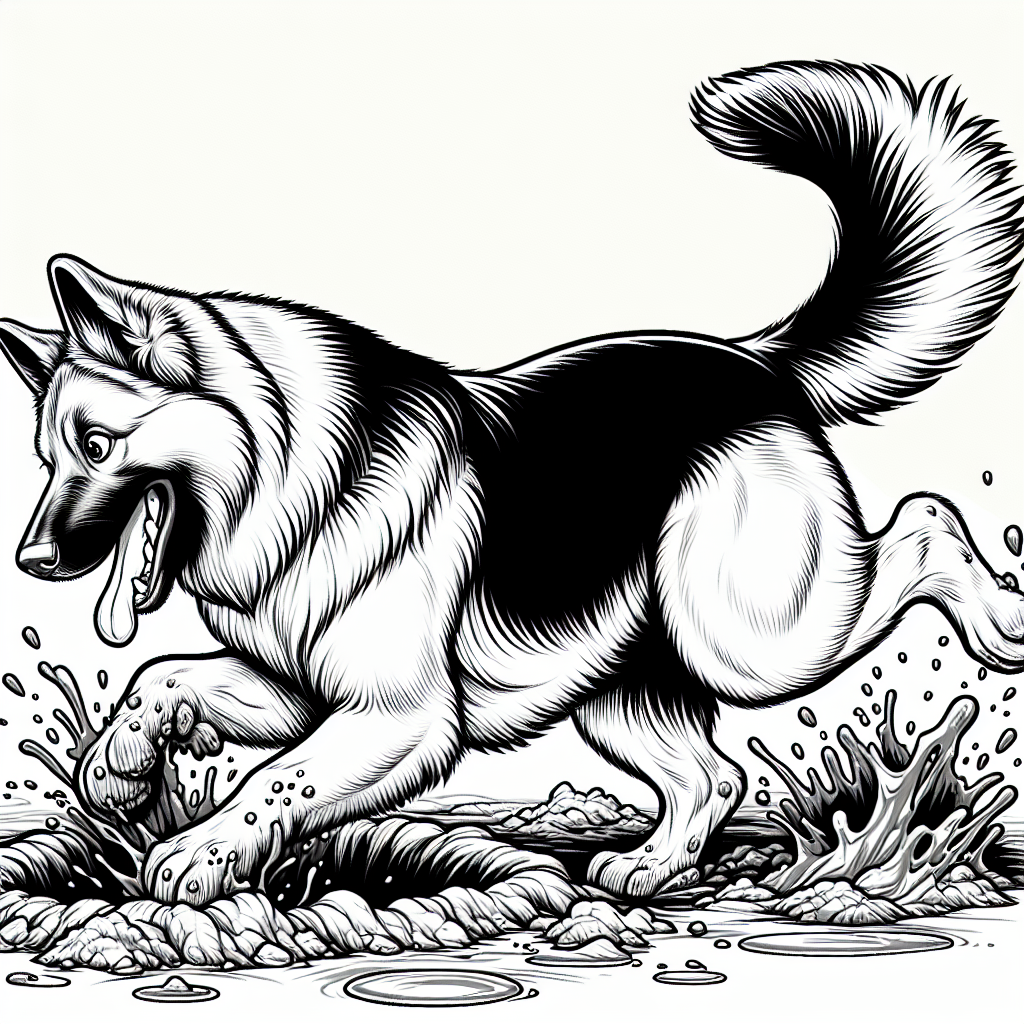 Coloring page of a German Shepherd dog, playful friend digging a hole