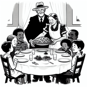 Coloring page of a harvest farmer, family member sharing a meal
