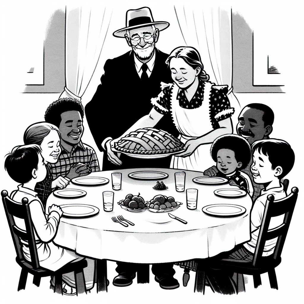 Coloring page of a harvest farmer, family member sharing a meal