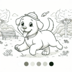 Coloring page of a Labrador Retriever dog, playful friend running in a park
