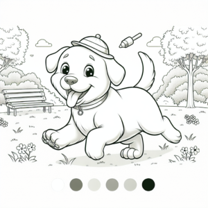 Coloring page of a Labrador Retriever dog, playful friend running in a park