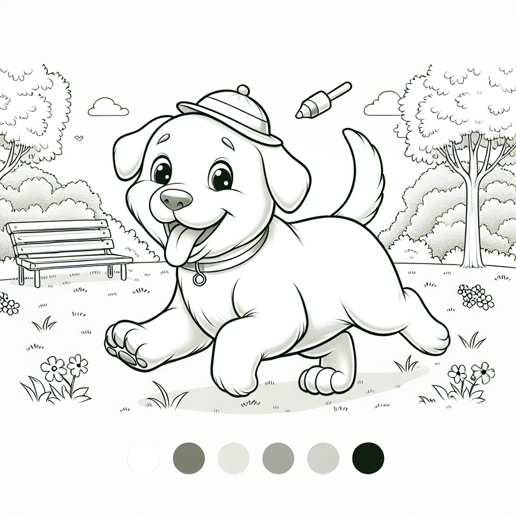 Coloring page of a Labrador Retriever dog, playful friend running in a park