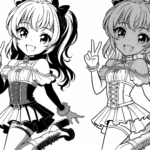 Coloring page of a manga character, dancer smiling and making a peace sign