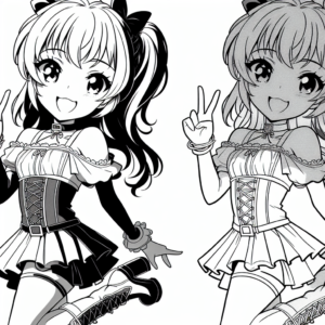 Coloring page of a manga character, dancer smiling and making a peace sign