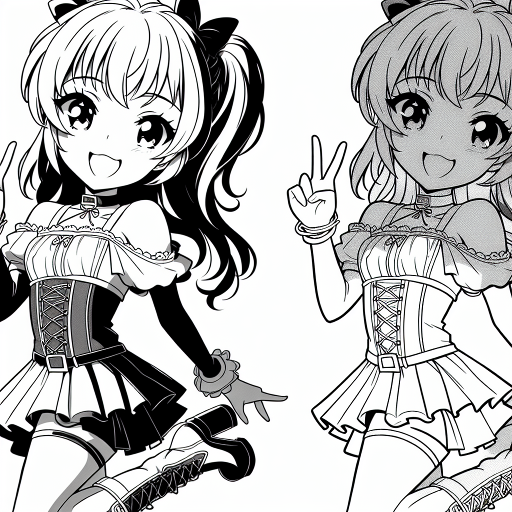 Coloring page of a manga character, dancer smiling and making a peace sign