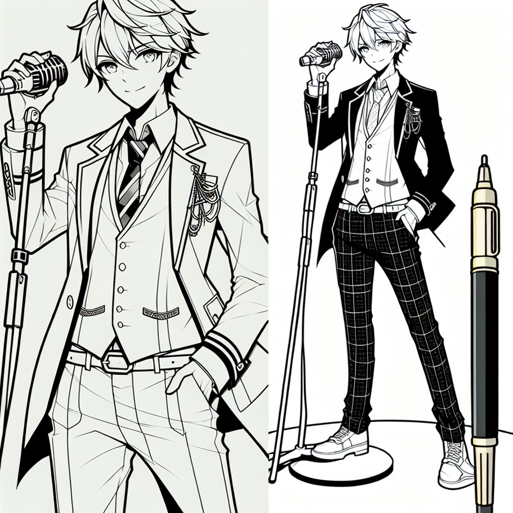 Coloring page of a manga character, leader holding a microphone