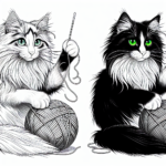 Coloring page of a Norwegian Forest Cat cat, graceful feline playing with yarn