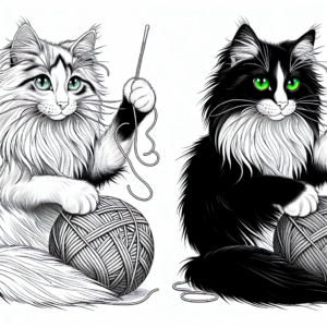 Coloring page of a Norwegian Forest Cat cat, graceful feline playing with yarn