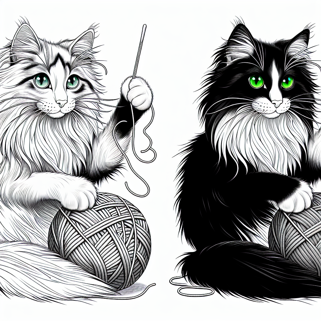 Coloring page of a Norwegian Forest Cat cat, graceful feline playing with yarn