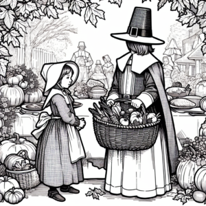 Coloring page of a pilgrim child, thanksgiving dinner guest holding a basket of vegetables