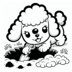 Coloring page of a Poodle dog, loyal companion digging a hole