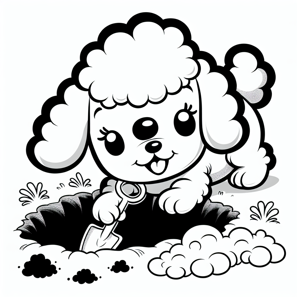 Coloring page of a Poodle dog, loyal companion digging a hole