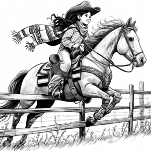 Coloring page of a Quarter Horse girl riding a horse, cowgirl jumping over a fence