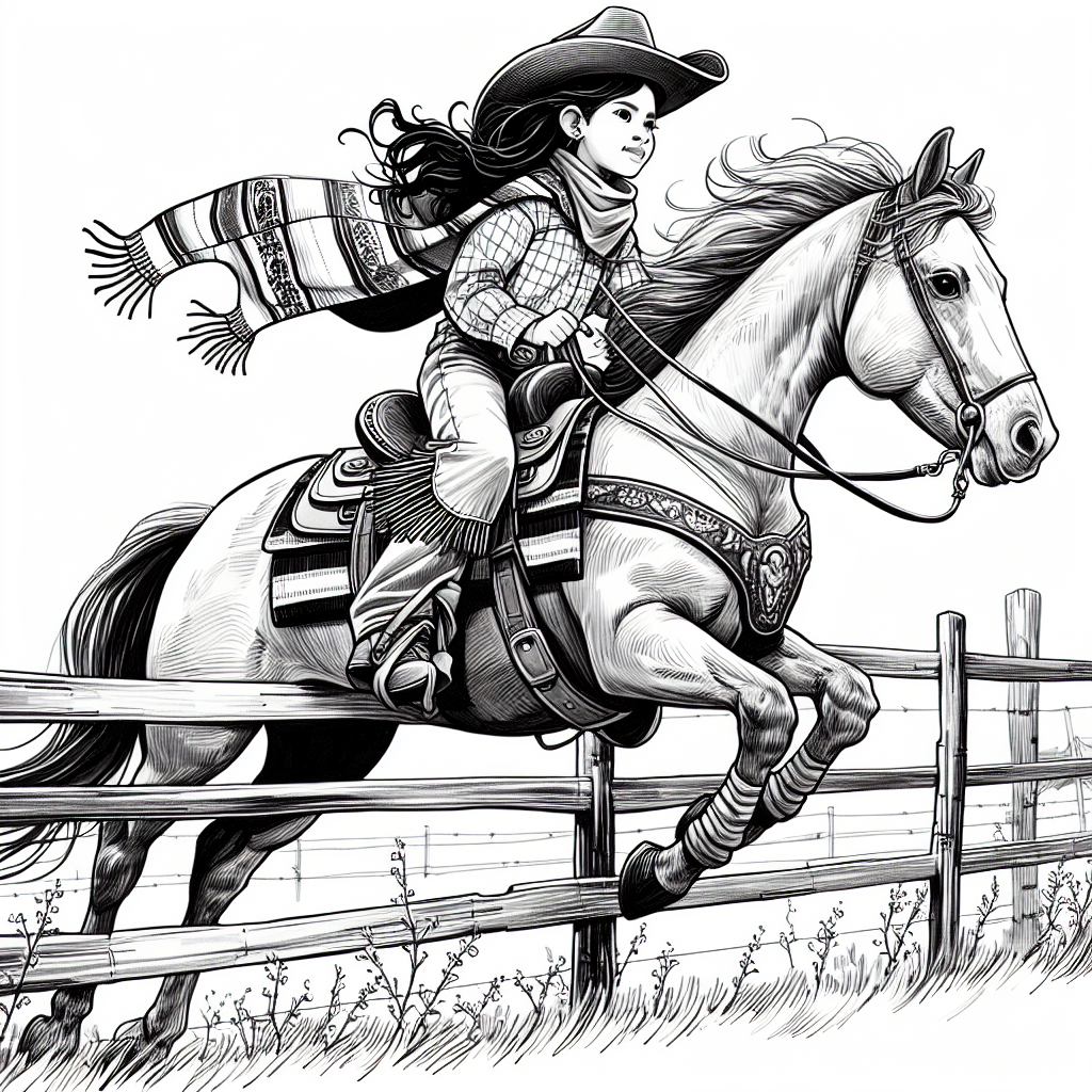Coloring page of a Quarter Horse girl riding a horse, cowgirl jumping over a fence