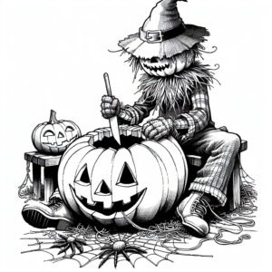 Coloring page of a scarecrow, costume wearer carving a jack-o-lantern