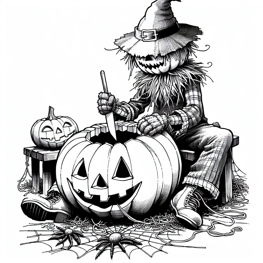 Coloring page of a scarecrow, costume wearer carving a jack-o-lantern