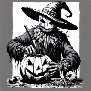 Coloring page of a scarecrow, costume wearer carving a jack-o-lantern
