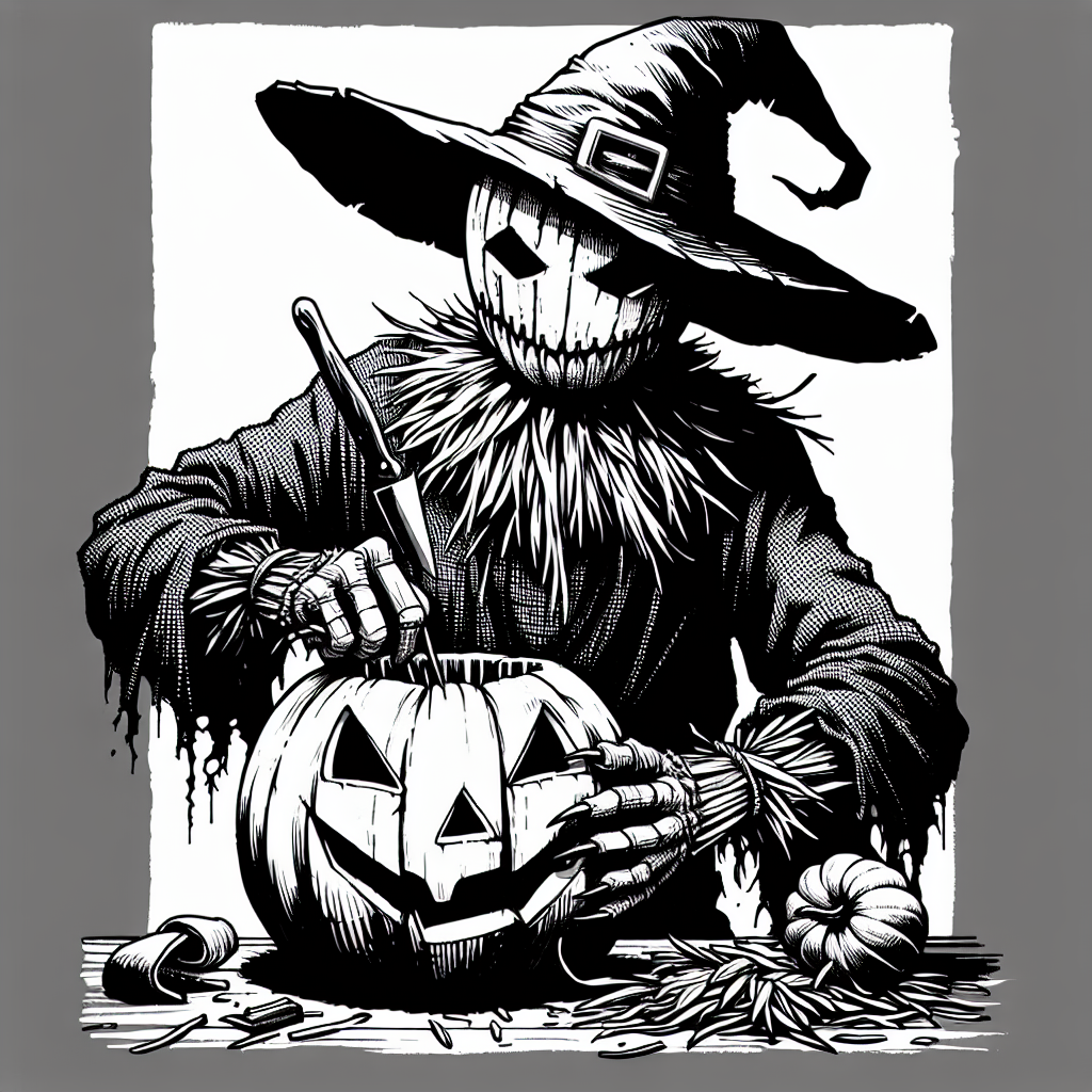 Coloring page of a scarecrow, costume wearer carving a jack-o-lantern