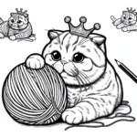 Coloring page of a Scottish Fold cat, curious cat playing with yarn