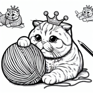 Coloring page of a Scottish Fold cat, curious cat playing with yarn