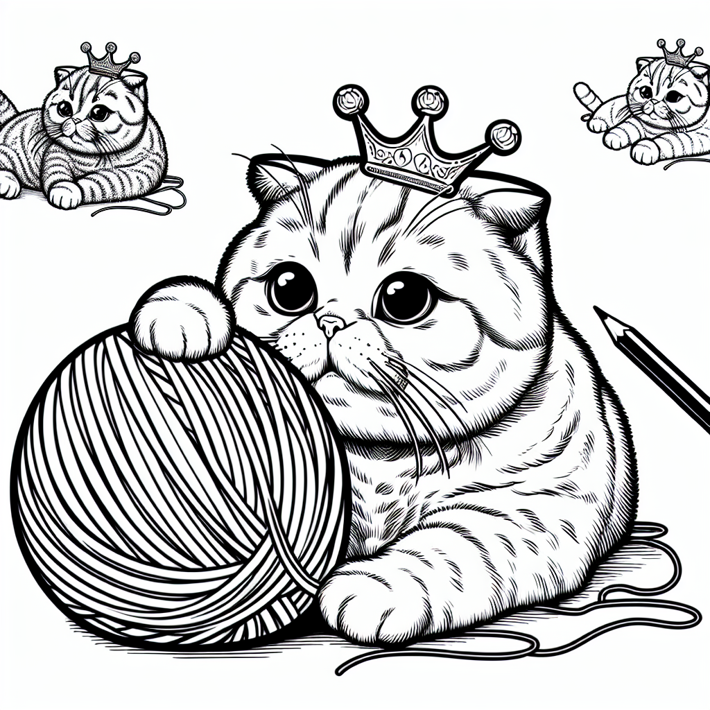 Coloring page of a Scottish Fold cat, curious cat playing with yarn
