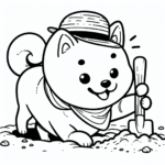 Coloring page of a Shiba Inu dog, playful friend digging a hole